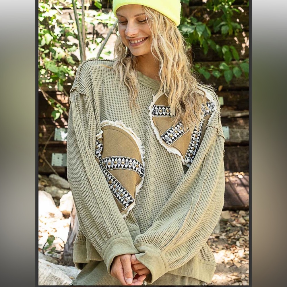 POL Olive Patchwork Sweater